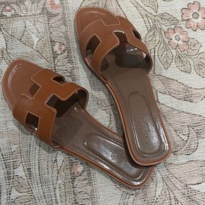 Hermes Doop Cognac Brown Leather Slide Sandals
